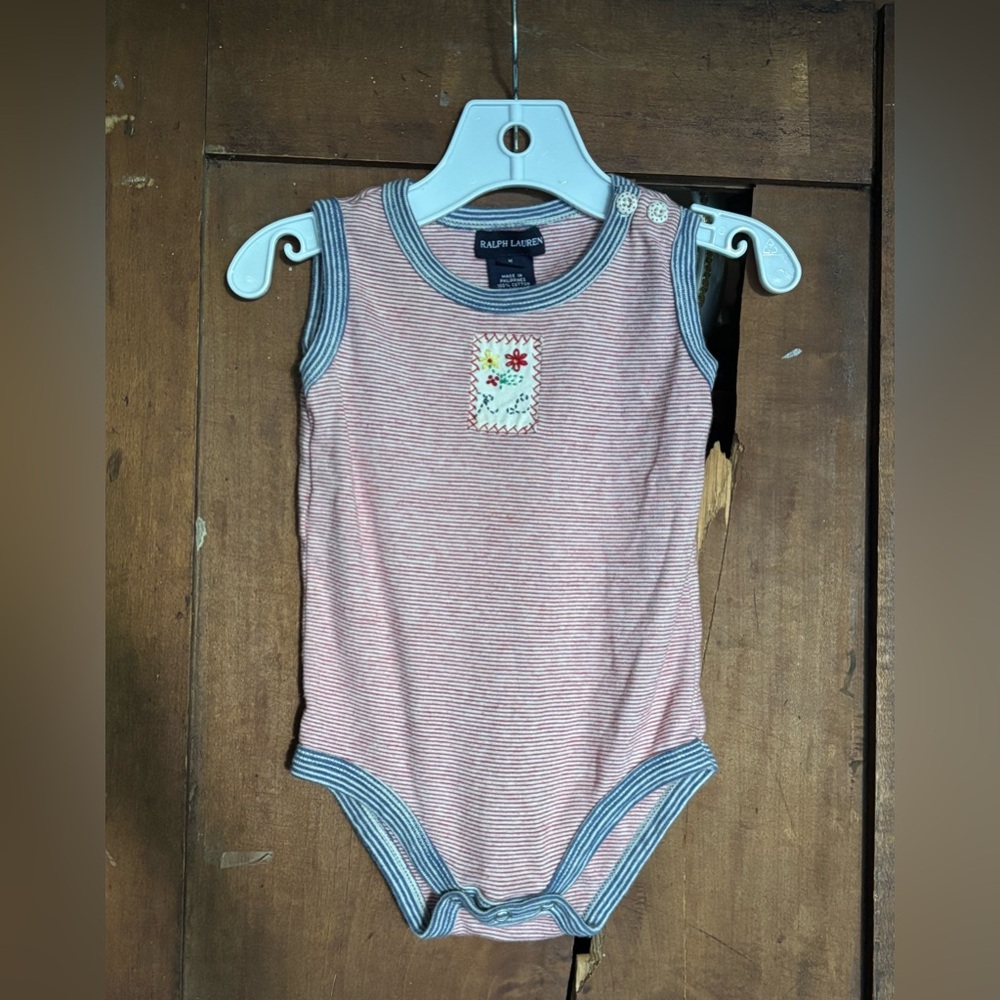 Ralph Lauren Red White Blue Striped Embroidered Kids Bodysuit T-Shirt Sz 6-12 mo